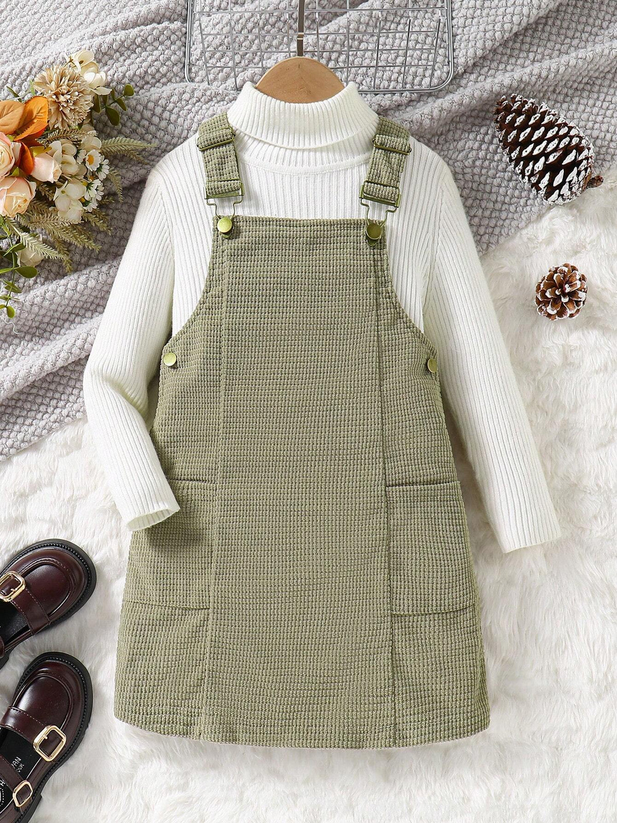 Girls Casual Corduroy Pocket Strap Dress, The Corduroy Material With Its Unique Soft Texture And Good Warmth, Suitable For Autumn/Winter