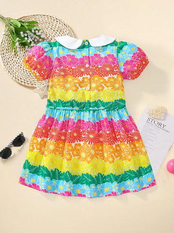 Girls" Casual Cotton Short Sleeve Round Neck Dress Cartoon Colorful Flower Print Summer Fashion