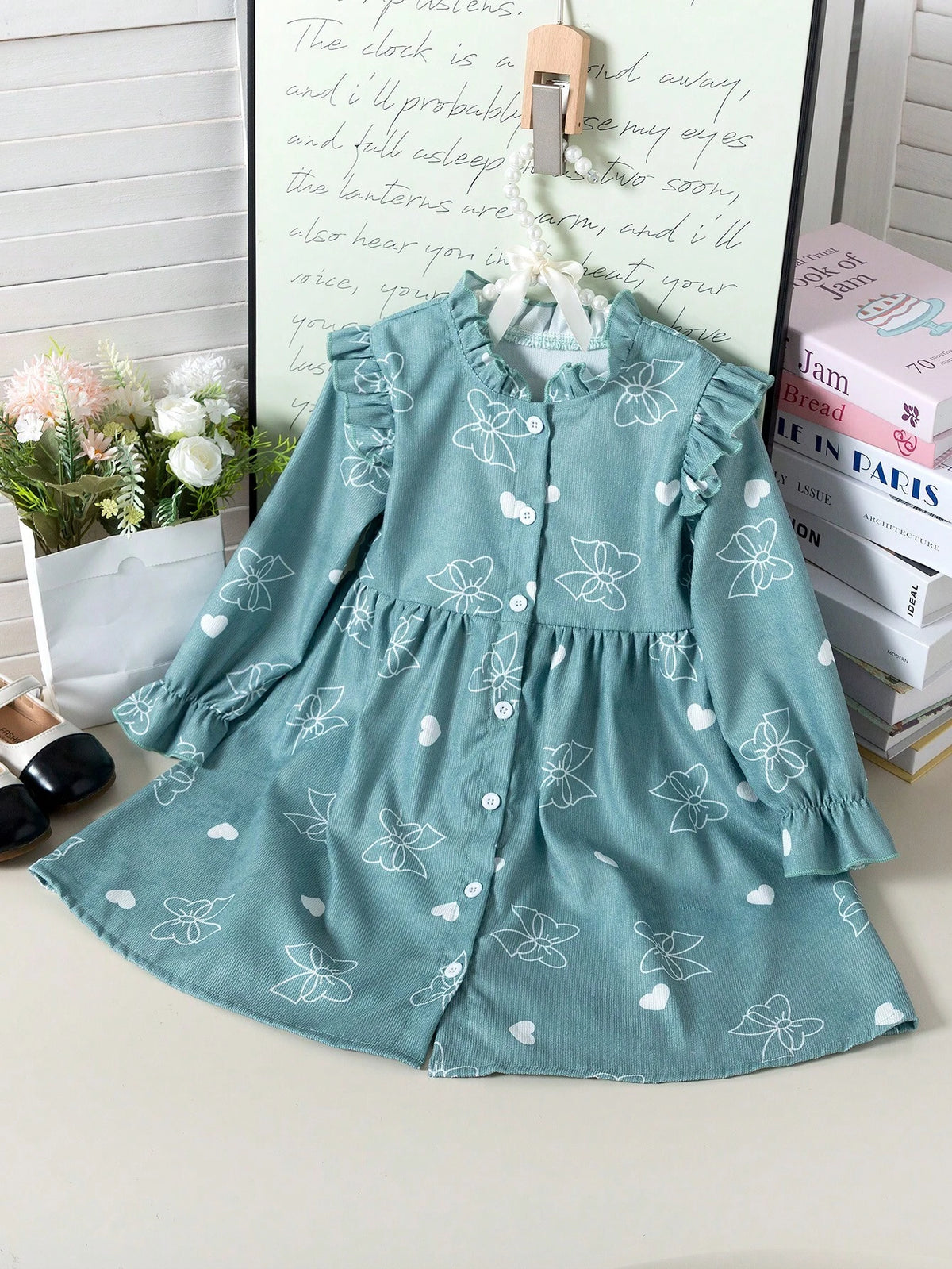 Girls Casual Cute Heart & Bow Tie Print Flare Long Sleeve Lace Dress, Suitable For Leisure And Entertainment Activities, Autumn And Winter