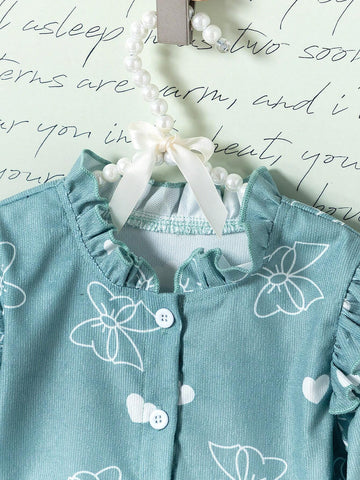 Girls Casual Cute Heart & Bow Tie Print Flare Long Sleeve Lace Dress, Suitable For Leisure And Entertainment Activities, Autumn And Winter