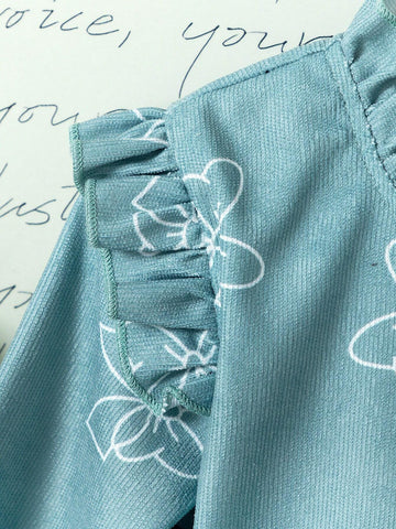 Girls Casual Cute Heart & Bow Tie Print Flare Long Sleeve Lace Dress, Suitable For Leisure And Entertainment Activities, Autumn And Winter