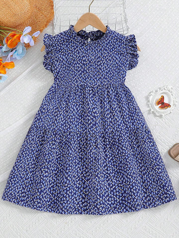 Girls" Casual Cute Polka Dot Short Flutter Sleeve Dress With Elastic Waistband, Suitable For Daily And Outdoor Activities