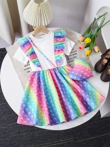 Girls' Casual Cute Sweet Interesting Pinch Toy Colorful Ruffle Hem Dress Featuring 3D Stuffed Heart-Shaped Bag, Suitable For Summer, Fall, School, Party, Birthday Gift