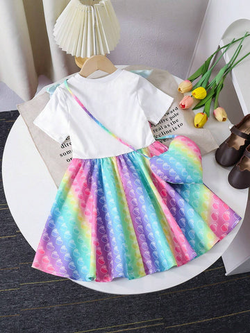 Girls' Casual Cute Sweet Interesting Pinch Toy Colorful Ruffle Hem Dress Featuring 3D Stuffed Heart-Shaped Bag, Suitable For Summer, Fall, School, Party, Birthday Gift