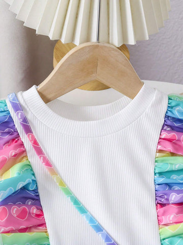 Girls' Casual Cute Sweet Interesting Pinch Toy Colorful Ruffle Hem Dress Featuring 3D Stuffed Heart-Shaped Bag, Suitable For Summer, Fall, School, Party, Birthday Gift