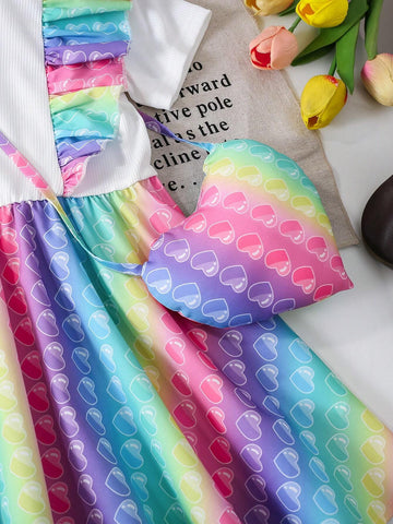Girls' Casual Cute Sweet Interesting Pinch Toy Colorful Ruffle Hem Dress Featuring 3D Stuffed Heart-Shaped Bag, Suitable For Summer, Fall, School, Party, Birthday Gift