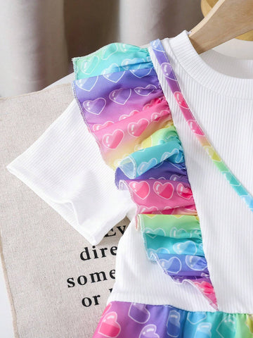 Girls' Casual Cute Sweet Interesting Pinch Toy Colorful Ruffle Hem Dress Featuring 3D Stuffed Heart-Shaped Bag, Suitable For Summer, Fall, School, Party, Birthday Gift