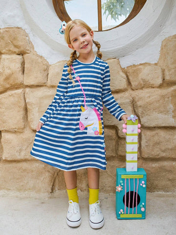 Girls Casual Cute Unicorn Embroidery Striped Long Sleeve Dress, Suitable For Leisure, Entertainment, Travel, Holiday, Party, Gift Giving In Autumn Winter Season