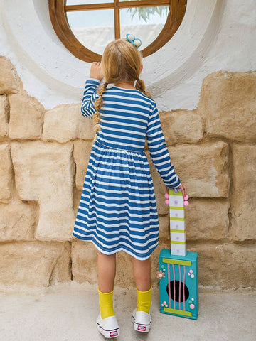 Girls Casual Cute Unicorn Embroidery Striped Long Sleeve Dress, Suitable For Leisure, Entertainment, Travel, Holiday, Party, Gift Giving In Autumn Winter Season