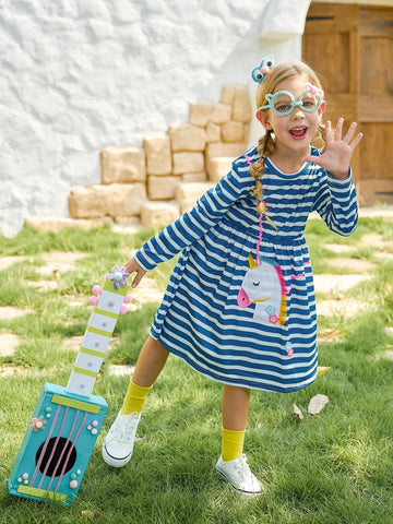 Girls Casual Cute Unicorn Embroidery Striped Long Sleeve Dress, Suitable For Leisure, Entertainment, Travel, Holiday, Party, Gift Giving In Autumn Winter Season