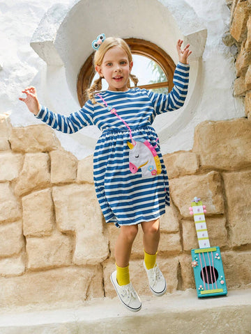 Girls Casual Cute Unicorn Embroidery Striped Long Sleeve Dress, Suitable For Leisure, Entertainment, Travel, Holiday, Party, Gift Giving In Autumn Winter Season