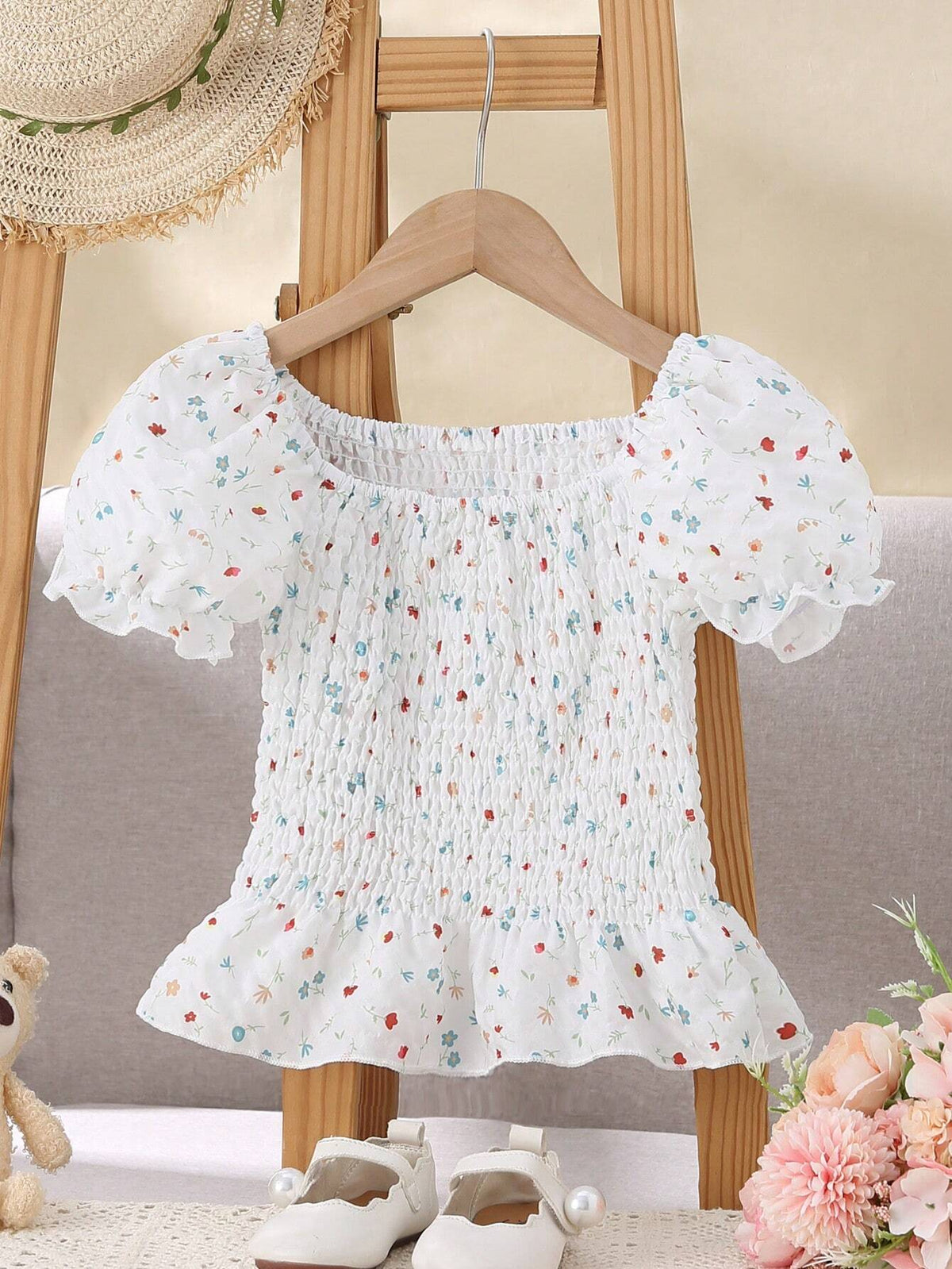 Girls' Casual Daily Short Blouse With Puff Sleeves And Square Neckline, Ditsy Floral Print
