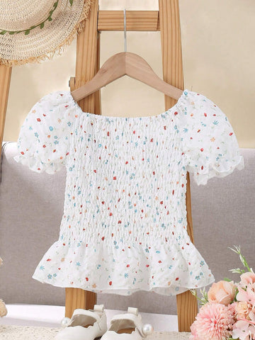 Girls' Casual Daily Short Blouse With Puff Sleeves And Square Neckline, Ditsy Floral Print