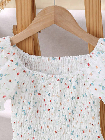 Girls' Casual Daily Short Blouse With Puff Sleeves And Square Neckline, Ditsy Floral Print