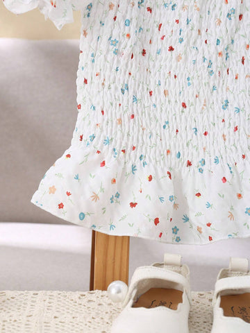 Girls' Casual Daily Short Blouse With Puff Sleeves And Square Neckline, Ditsy Floral Print