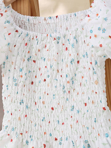 Girls' Casual Daily Short Blouse With Puff Sleeves And Square Neckline, Ditsy Floral Print