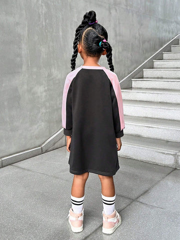 Girls Casual Daily Simple Raglan Sleeve Long Sleeve Dress With Gray-Pink Color Block Design, Fashion Minimalist Hoodie Dress Suitable For Back To School Wear, Autumn New Arrival