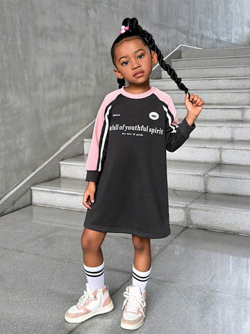 Girls Casual Daily Simple Raglan Sleeve Long Sleeve Dress With Gray-Pink Color Block Design, Fashion Minimalist Hoodie Dress Suitable For Back To School Wear, Autumn New Arrival