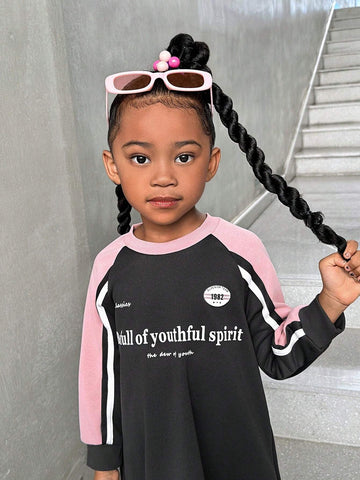 Girls Casual Daily Simple Raglan Sleeve Long Sleeve Dress With Gray-Pink Color Block Design, Fashion Minimalist Hoodie Dress Suitable For Back To School Wear, Autumn New Arrival