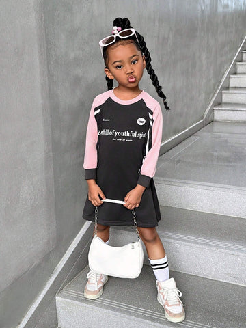 Girls Casual Daily Simple Raglan Sleeve Long Sleeve Dress With Gray-Pink Color Block Design, Fashion Minimalist Hoodie Dress Suitable For Back To School Wear, Autumn New Arrival