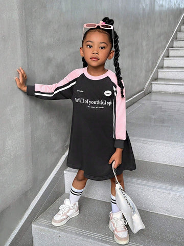 Girls Casual Daily Simple Raglan Sleeve Long Sleeve Dress With Gray-Pink Color Block Design, Fashion Minimalist Hoodie Dress Suitable For Back To School Wear, Autumn New Arrival