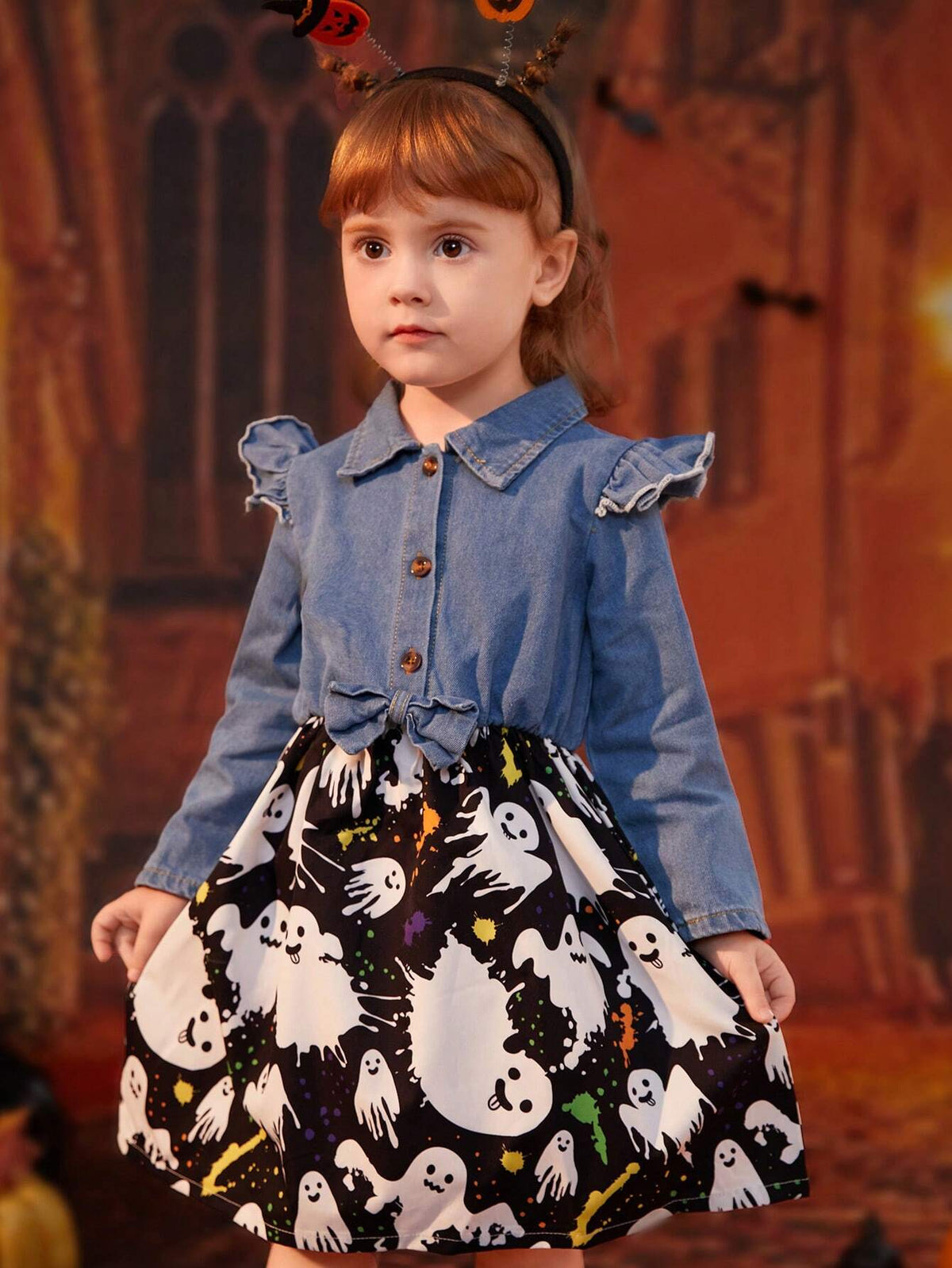 Girls Casual Denim Patchwork Cartoon Printed Swing Dress With Halloween Elements, Fall/Winter