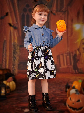Girls Casual Denim Patchwork Cartoon Printed Swing Dress With Halloween Elements, Fall/Winter