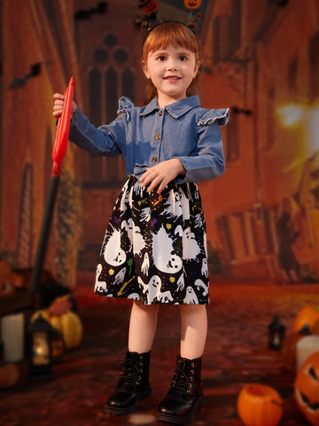 Girls Casual Denim Patchwork Cartoon Printed Swing Dress With Halloween Elements, Fall/Winter