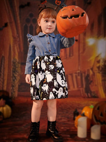Girls Casual Denim Patchwork Cartoon Printed Swing Dress With Halloween Elements, Fall/Winter