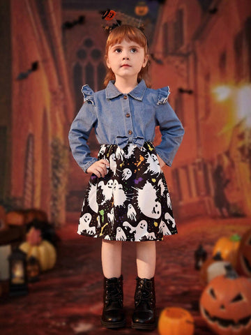 Girls Casual Denim Patchwork Cartoon Printed Swing Dress With Halloween Elements, Fall/Winter