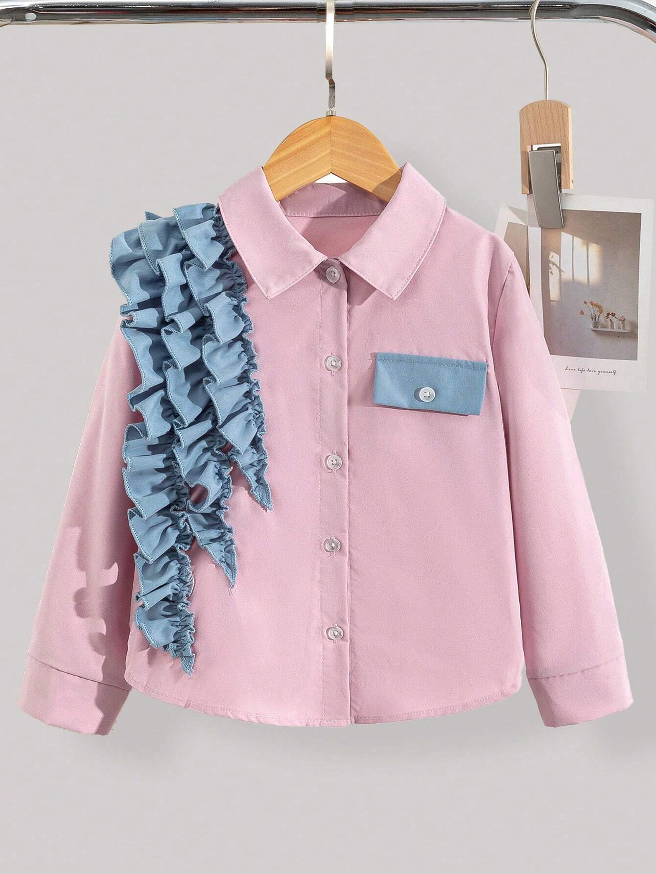 Girls' Casual Ditsy Floral Gingham Pattern Lace Trim Ruffle Sleeve Round Neck Blouse, Suitable For Vacation & Outdoor