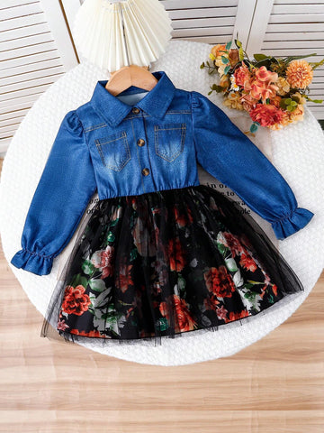 Girls Casual Ditsy Floral Mesh Patchwork Denim Look Dress For Daily Wear, Autumn/Winter