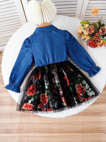 Girls Casual Ditsy Floral Mesh Patchwork Denim Look Dress For Daily Wear, Autumn/Winter