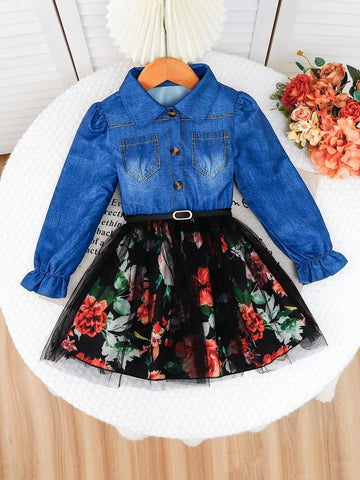 Girls Casual Ditsy Floral Mesh Patchwork Denim Look Dress For Daily Wear, Autumn/Winter