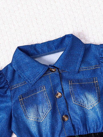 Girls Casual Ditsy Floral Mesh Patchwork Denim Look Dress For Daily Wear, Autumn/Winter