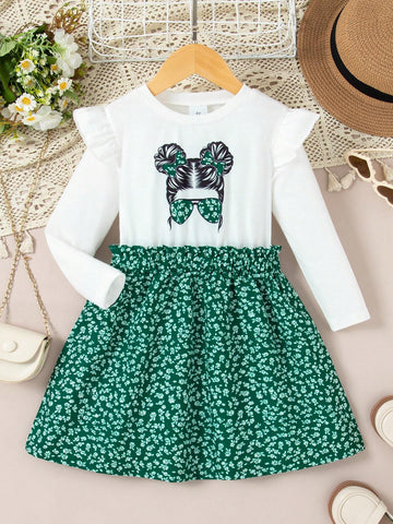Girls Casual Ditsy Floral Ruffle Hem Round Neck Long Sleeve Knee-Length Dress For Spring Autumn