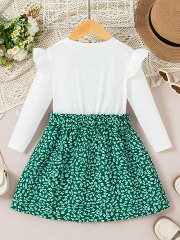 Girls Casual Ditsy Floral Ruffle Hem Round Neck Long Sleeve Knee-Length Dress For Spring Autumn