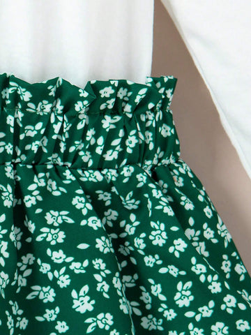Girls Casual Ditsy Floral Ruffle Hem Round Neck Long Sleeve Knee-Length Dress For Spring Autumn
