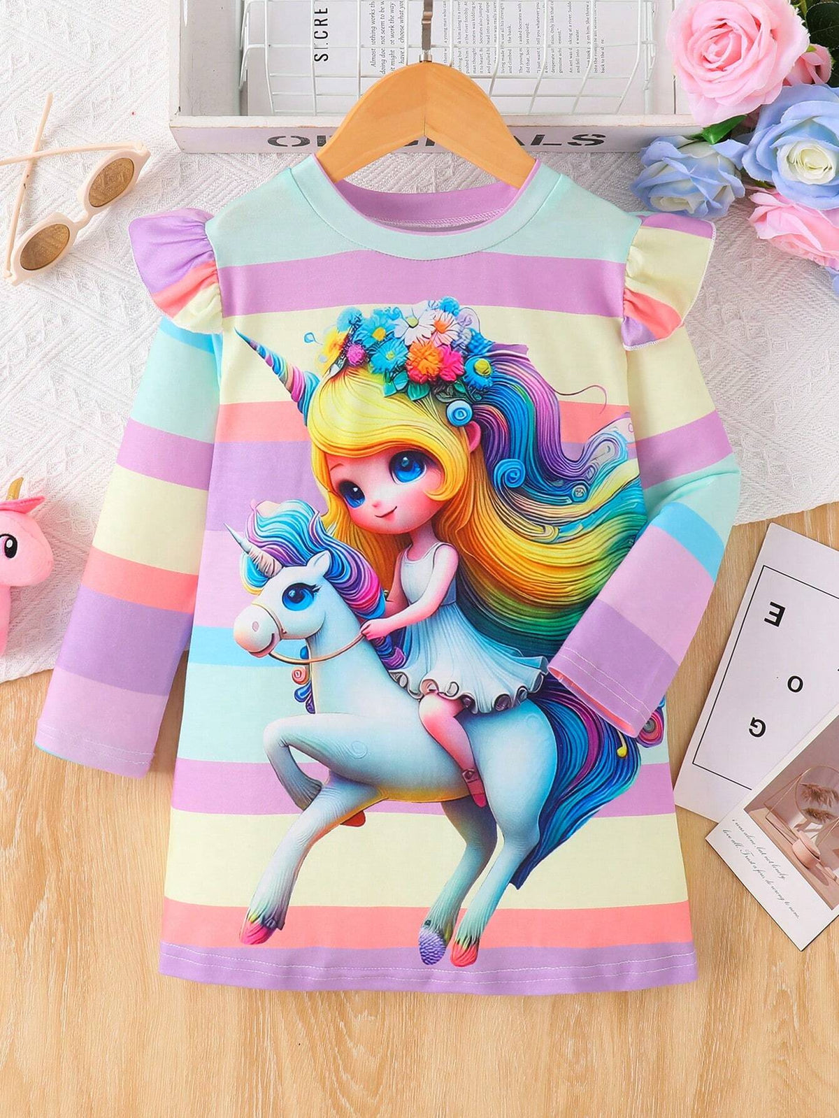 Girls Casual Elegant Flower & Unicorn Print Loose A-Line Long Sleeve Dress, Autumn