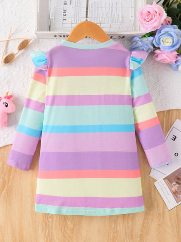 Girls Casual Elegant Flower & Unicorn Print Loose A-Line Long Sleeve Dress, Autumn