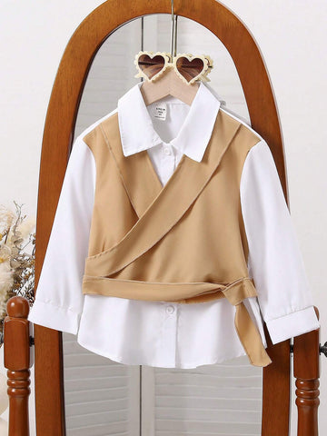 Girls Casual Elegant Polo Collar 2 In 1 Drop Shoulder Long Sleeve Colorblock Bow Tie Shirt, Autumn