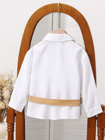 Girls Casual Elegant Polo Collar 2 In 1 Drop Shoulder Long Sleeve Colorblock Bow Tie Shirt, Autumn