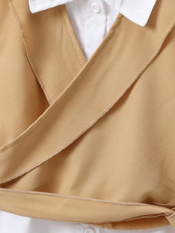 Girls Casual Elegant Polo Collar 2 In 1 Drop Shoulder Long Sleeve Colorblock Bow Tie Shirt, Autumn