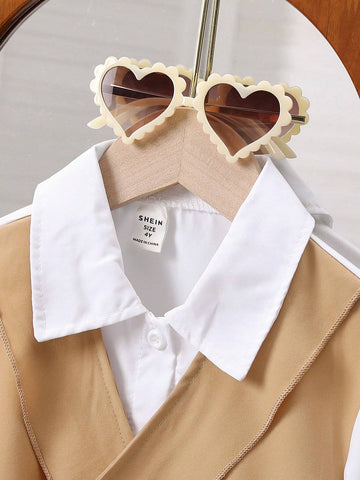 Girls Casual Elegant Polo Collar 2 In 1 Drop Shoulder Long Sleeve Colorblock Bow Tie Shirt, Autumn
