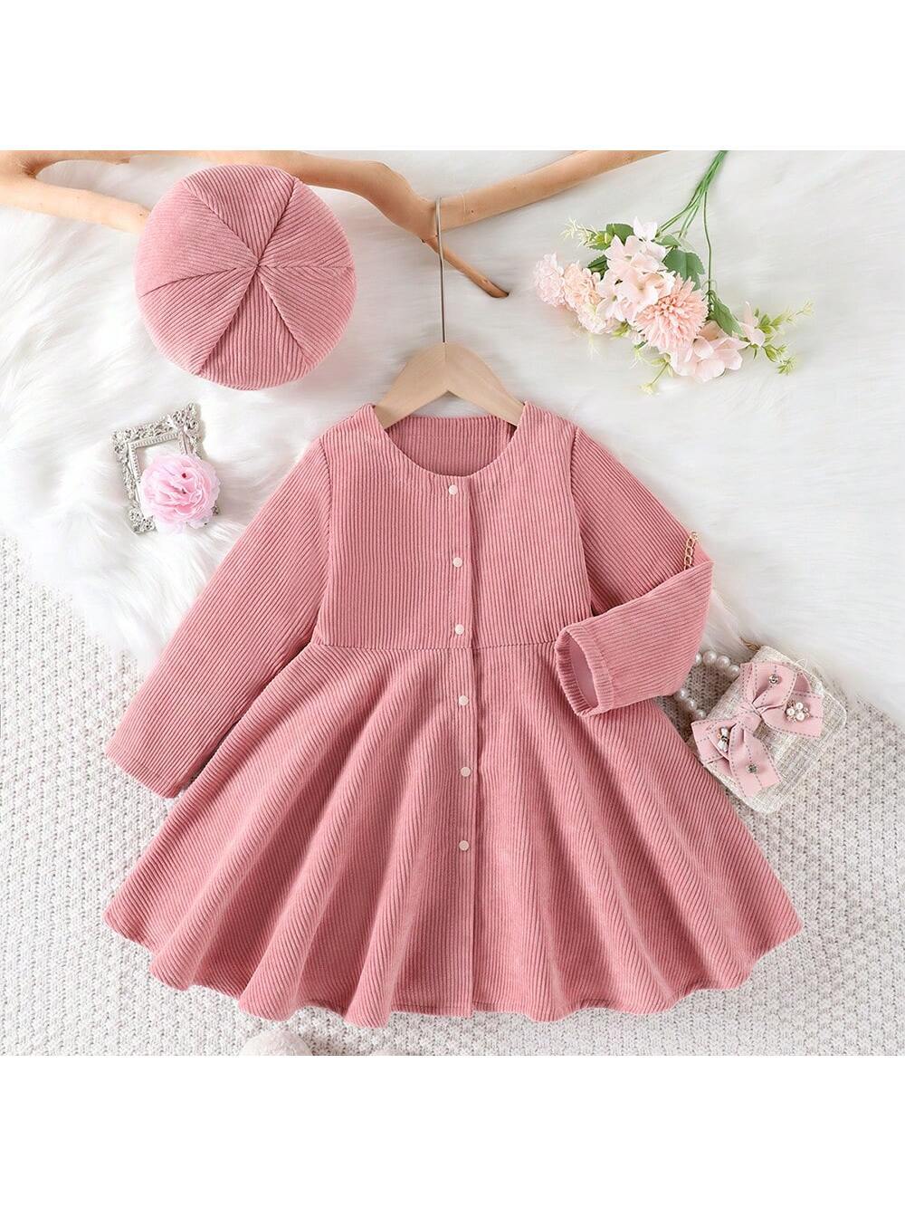 Girls" Casual Elegant Solid Color Long Sleeve Dress With Hat