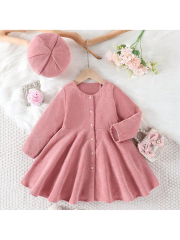 Girls" Casual Elegant Solid Color Long Sleeve Dress With Hat