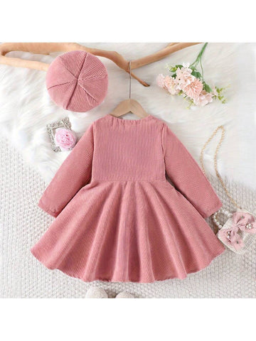 Girls" Casual Elegant Solid Color Long Sleeve Dress With Hat