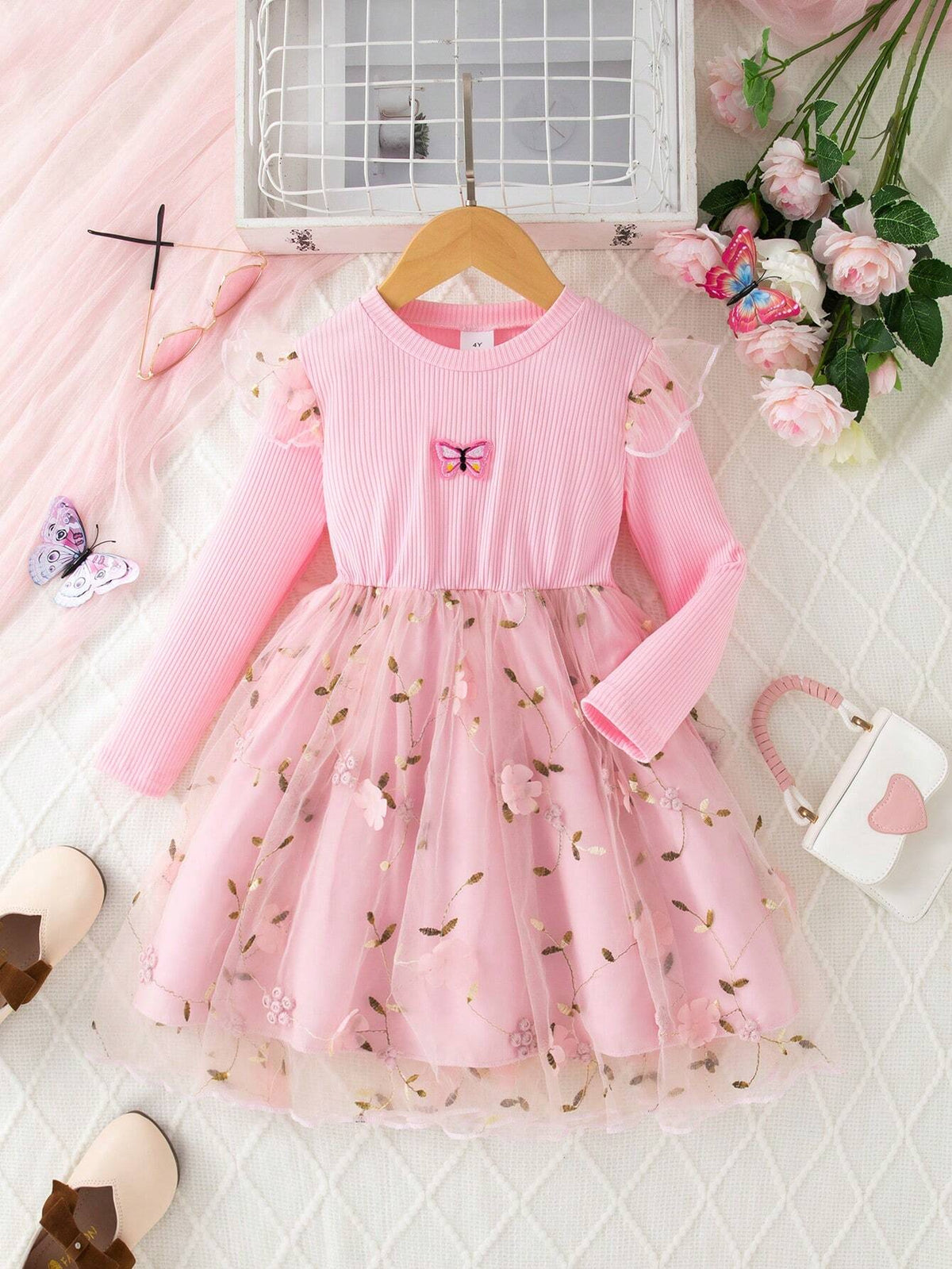 Girls' Casual Embroidered Butterfly Pattern Mesh Splice Round Neck Long Sleeve Regular Fit Knee-Length Fashion Dress, Spring/Autumn