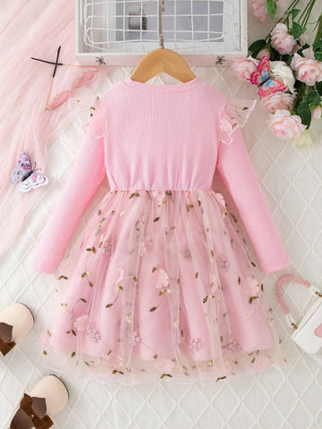Girls' Casual Embroidered Butterfly Pattern Mesh Splice Round Neck Long Sleeve Regular Fit Knee-Length Fashion Dress, Spring/Autumn