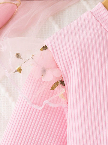 Girls' Casual Embroidered Butterfly Pattern Mesh Splice Round Neck Long Sleeve Regular Fit Knee-Length Fashion Dress, Spring/Autumn